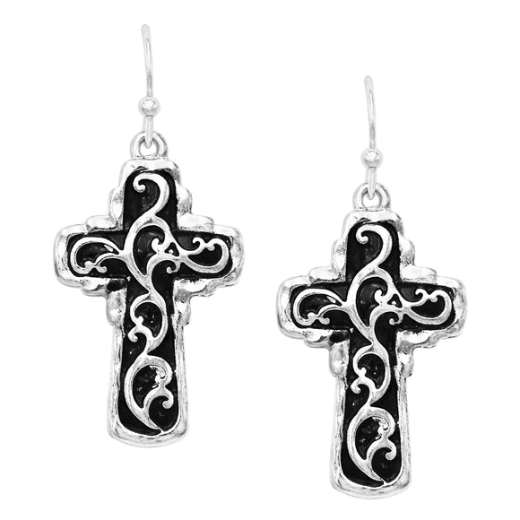 Decorative Metal Scroll Design Cross Religious Dangle Earrings, 1.5
