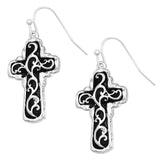 Decorative Metal Scroll Design Cross Religious Dangle Earrings, 1.5"