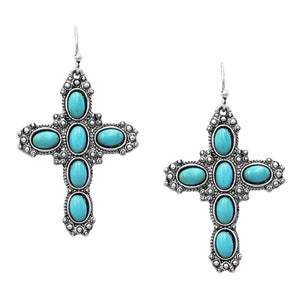 Women's Western Style Textured Metal Cross With Turquoise Howlite Dangle Earrings, 1.82"