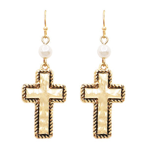 Stunning Gold Tone Hammered Metal Cross With Simulated Pearl Dangle Earrings, 2"