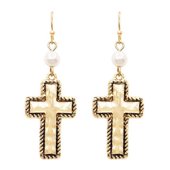 Stunning Gold Tone Hammered Metal Cross With Simulated Pearl Dangle Earrings, 2