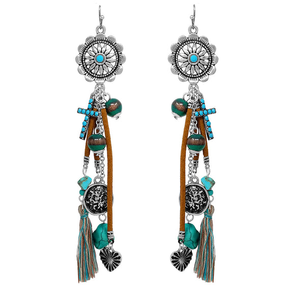 Rosemarie Collections Chic Western Charms on Metallic Silver Tone Pearls with Turquoise Howlite Beads Strand Necklace and Earrings Set, 36+3 Extender (Conchos)