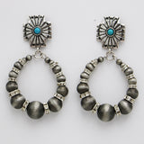 Western Navajo Bead Hoop Dangle Earrings, Silver Cross With Turquoise Howlite And Crystal Detail