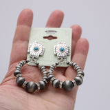 Western Navajo Bead Hoop Dangle Earrings, Silver Cross With Turquoise Howlite And Crystal Detail