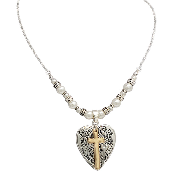 Inspirational Two Tone Heart And Cross Charm Love Pendant Necklace, 18