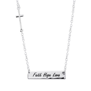Stunning Silver Tone Inspirational Faith Hope Love Bar Pendant Engraved Necklace, 18"+3" Extender