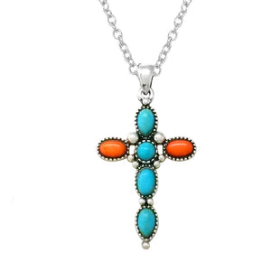 Colorful Natural Stone South Western Style Statement Christian Cross Necklace, 16"+3" Extension