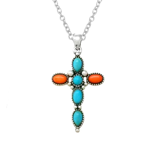 Colorful Natural Stone South Western Style Statement Christian Cross Necklace, 16