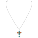 Colorful Natural Stone South Western Style Statement Christian Cross Necklace, 16"+3" Extension
