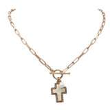 Natural Abalone Shell Cross Pendant with Crystal Edge Detail, Freshwater Pearl Charm, Gold Tone Paperclip Chain Necklace, Toggle Clasp, 18 Inch