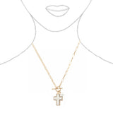Natural Abalone Shell Cross Pendant with Crystal Edge Detail, Freshwater Pearl Charm, Gold Tone Paperclip Chain Necklace, Toggle Clasp, 18 Inch