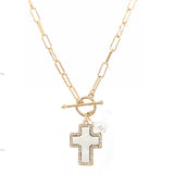 Natural Abalone Shell Cross Pendant with Crystal Edge Detail, Freshwater Pearl Charm, Gold Tone Paperclip Chain Necklace, Toggle Clasp, 18 Inch