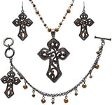 Stunning Vintage Vibes Orange Topaz Crystal Rhinestone Christian Passion Cross Hematite Tone Easter Gift Jewelry (3pc Set)