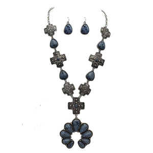 Unique Indigo Colored Natural Howlite Stone Statement Western Cross And Squash Blossom Necklace Earrings Gift Set, 26"+3" Extender