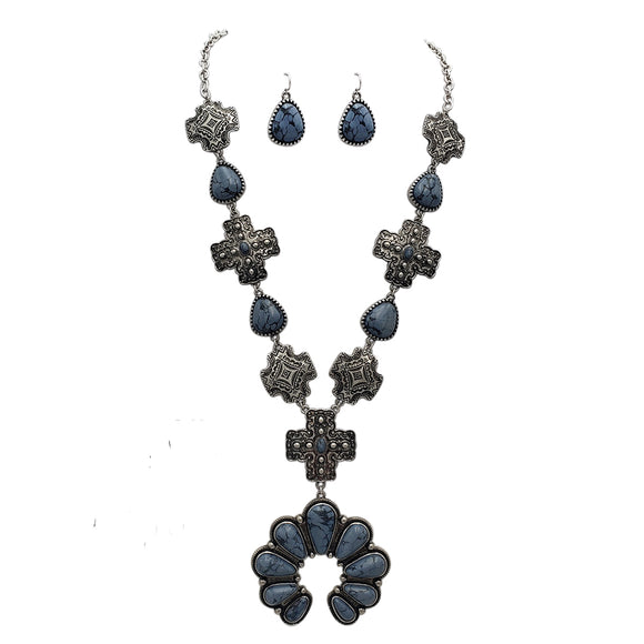Unique Indigo Colored Natural Howlite Stone Statement Western Cross And Squash Blossom Necklace Earrings Gift Set, 26