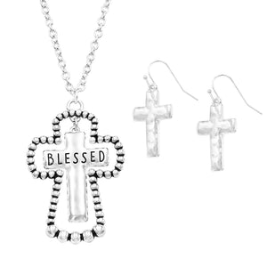 Inspirational Religious Double Cross with Blessed Pendant Necklace and Earrings Set, 18"-21" with 3" Extender
