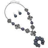 Unique Indigo Colored Natural Howlite Stone Statement Western Cross And Squash Blossom Necklace Earrings Gift Set, 26"+3" Extender