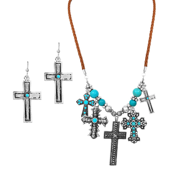 Cowgirl Chic Statement Western Style Christian Turquoise Cross Charms On Vegan Leather Braided Cord Necklace Earrings Gift Set,18