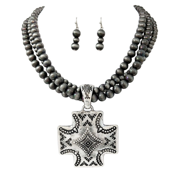 Women's Western Style Cross On Multi Strand Metallic Pearl Bead Necklace And Earrings Set, 18
