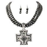 Women's Western Style Cross On Multi Strand Metallic Pearl Bead Necklace And Earrings Set, 18"+3" Extender