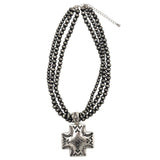 Women's Western Style Cross On Multi Strand Metallic Pearl Bead Necklace And Earrings Set, 18"+3" Extender