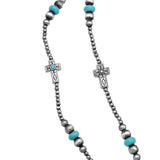 Chic Western Charms On Metallic Silver Tone Pearls With Turquoise Howlite Beads Strand Necklace And Earrings Set, 36"+3" Extender (Crosses)