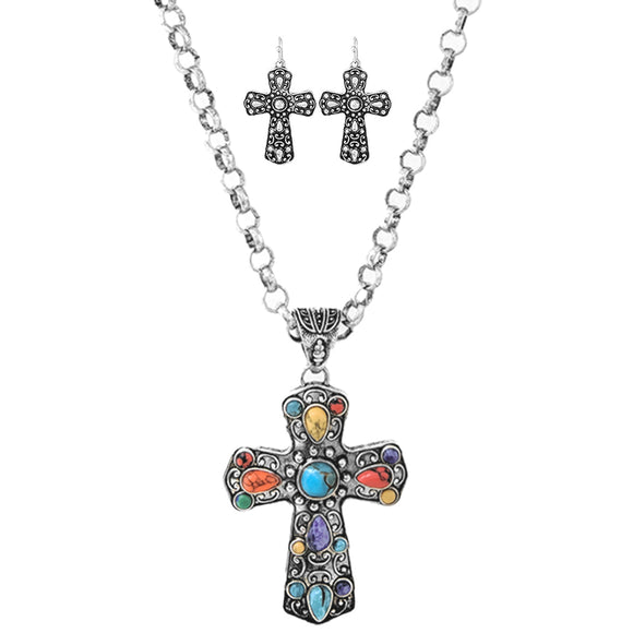 Western Style Burnished Silver Tone Statement Christian Cross With Colorful Howlite Stones Necklace Earrings Gift Set, 18+3