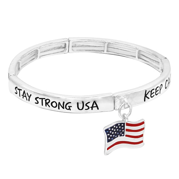 Women's USA Red White and Blue Enamel Flag Charm Patriotic Inspirational STAY STRONG USA Inscription Stretch Bracelet, 2.25