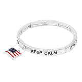 Women's USA Red White and Blue Enamel Flag Charm Patriotic Inspirational STAY STRONG USA Inscription Stretch Bracelet, 2.25"