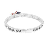 Women's USA Red White and Blue Enamel Flag Charm Patriotic Inspirational STAY STRONG USA Inscription Stretch Bracelet, 2.25"