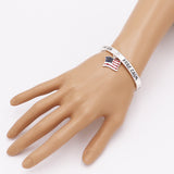 Women's USA Red White and Blue Enamel Flag Charm Patriotic Inspirational STAY STRONG USA Inscription Stretch Bracelet, 2.25"