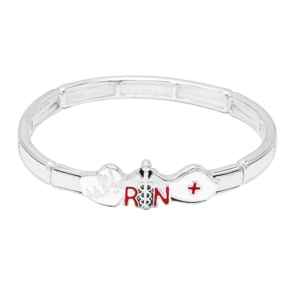 #1 Nurse Silver Tone Enamel RN Faith Hope Love Stretch Bracelet, 2.25
