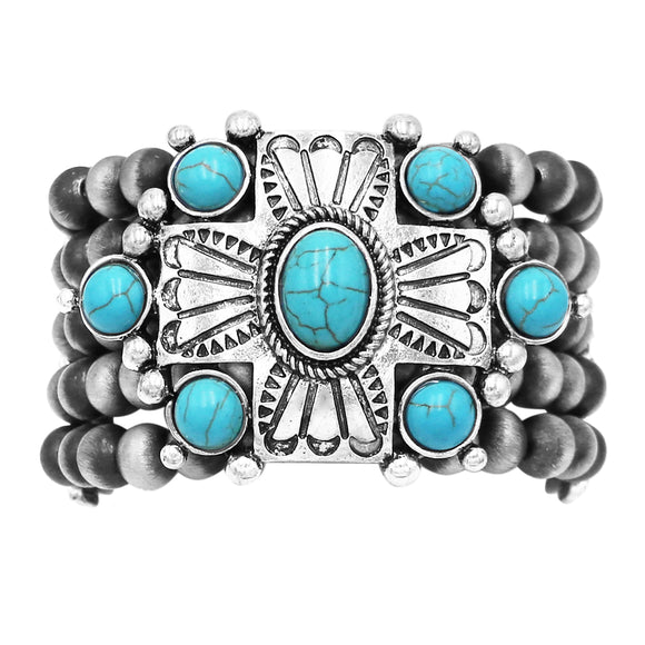 Chic Statement Western Cross With Turquoise Howlite Semi Precious Stone Burnished Silver Tone Beaded Stretch Bracelet, 7