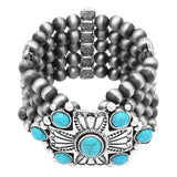 Chic Statement Western Cross With Turquoise Howlite Semi Precious Stone Burnished Silver Tone Beaded Stretch Bracelet, 7"