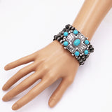 Chic Statement Western Cross With Turquoise Howlite Semi Precious Stone Burnished Silver Tone Beaded Stretch Bracelet, 7"