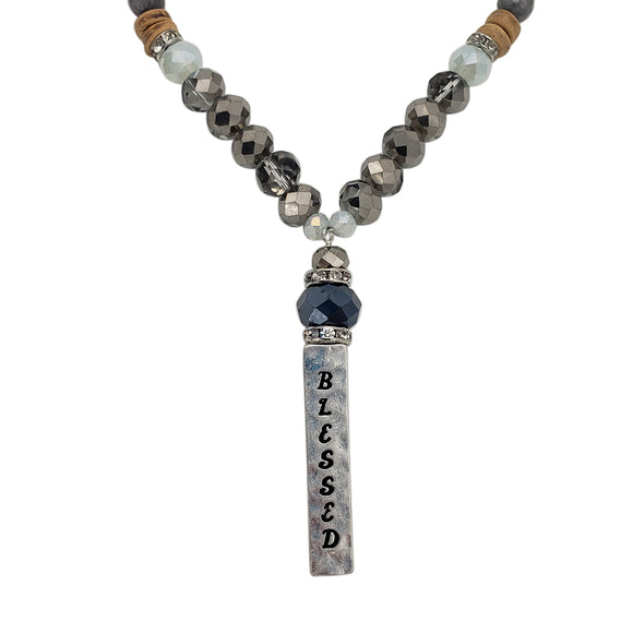 Natural Stone Wood And Faceted Glass Bead With Blessed Bar Pendant Necklace, 32