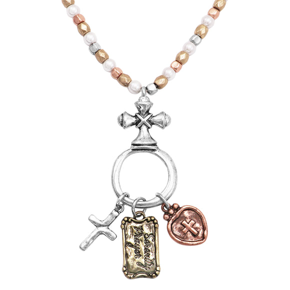Tri Color Nugget Bead and Simulated Pearl Necklace with Religious Cross and Serenity Prayer Charms, 18
