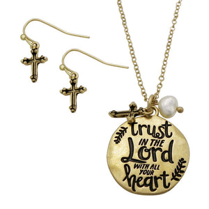 Inspirational Trust In The Lord with All Your Heart Necklace Earrings Religious Jewelry Gift Set, 18"+2" Extender