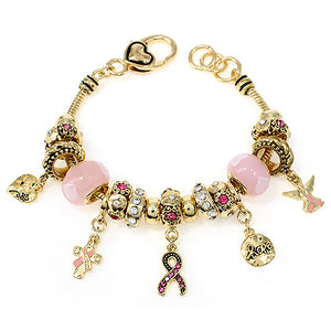 Pink Ribbon Breast Cancer Awareness Glass Bead Charm Bracelet, 7"-7.75" with Extender (Cross, Angel, Hope/Gold Tone)
