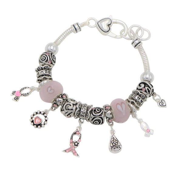 Women's Pink Ribbon Breast Cancer Awareness Hearts Charm Bracelet, 7