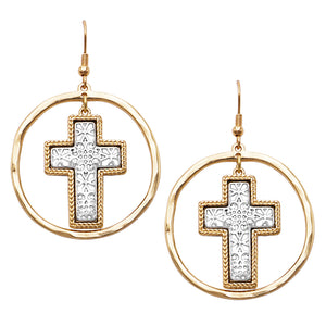Stylish Two Tone Filigree Metal Cross Inside Textured Hoop Dangle Earrings, 2.25"
