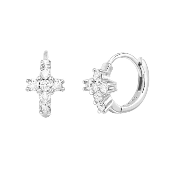 Dainty Sterling Silver Crystal Rhinestone Christian Cross Hinged Cuff Hoop Earrings, .50