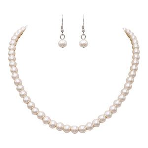 Simulated 8mm Glass Pearl Necklace Strand And Dangle Earrings Set, 16"-18" plus 3" Extender (Cream)