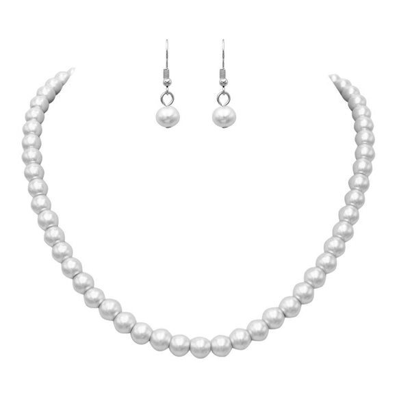 Simulated 8mm Glass Pearl Necklace Strand And Dangle Earrings Set, 16