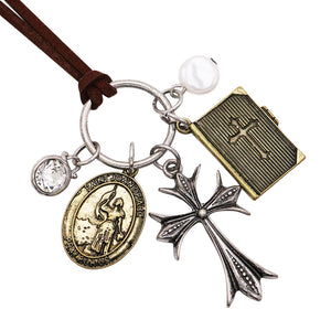 Vintage Cross Charms Holy Medal Pendant On Corded Vegan Suede Long Necklace, 32"+3" Extender (Joan of Arc)