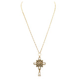 Decorative Faux Pearl and Crystal Teardrop Cross Pendant Necklace, 22"+3" Extender