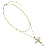 Christian Cross With Simulated Pearls Double Strand Gold Tone Chain Necklace,16"+3" Extension (Heart Center Cross)