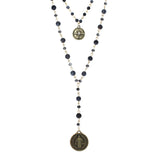 St Benedict Cross Medal Pendant Beaded 2-Strand Necklace (Gold Tone/Black)