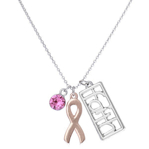 Breast Cancer Awareness Pink Ribbon Faith And Crystal Rhinestone Charm Necklace, 18"+2" Extender