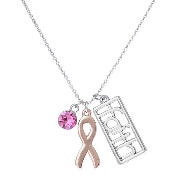 Breast Cancer Awareness Pink Ribbon Faith And Crystal Rhinestone Charm Necklace, 18